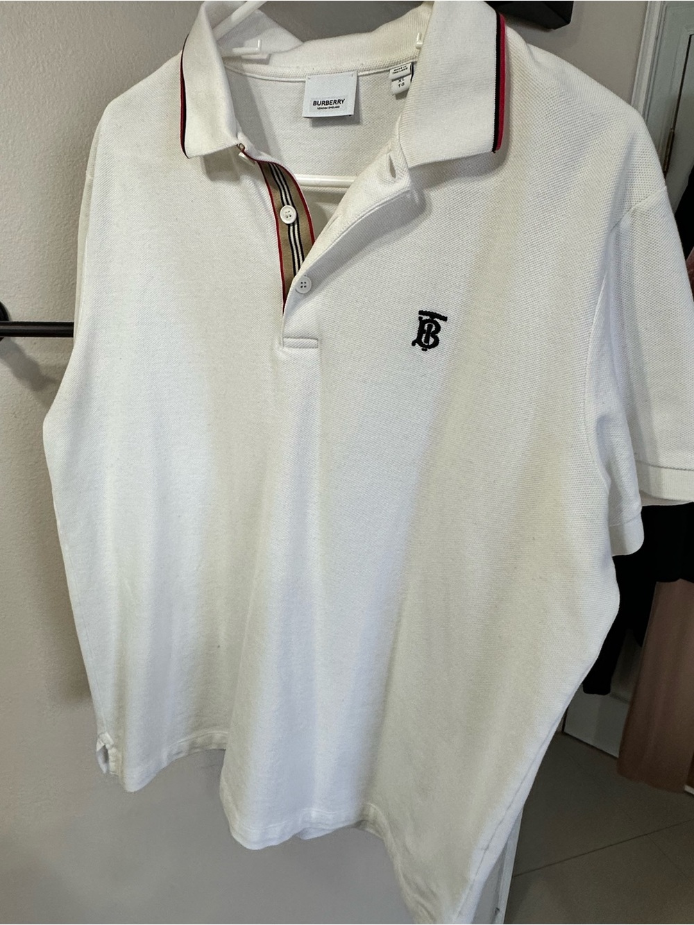 Burberry White Polo with Black TB Monogram and Red Trim